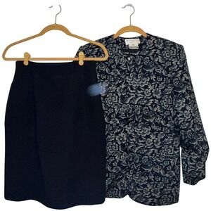Saville Suit Petite‎ Womens Navy Green Floral Blazer Skirt Set Size 8